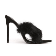 Sexy Furry Straps Stiletto High Heel Sandals Mules Shoes Women 2019